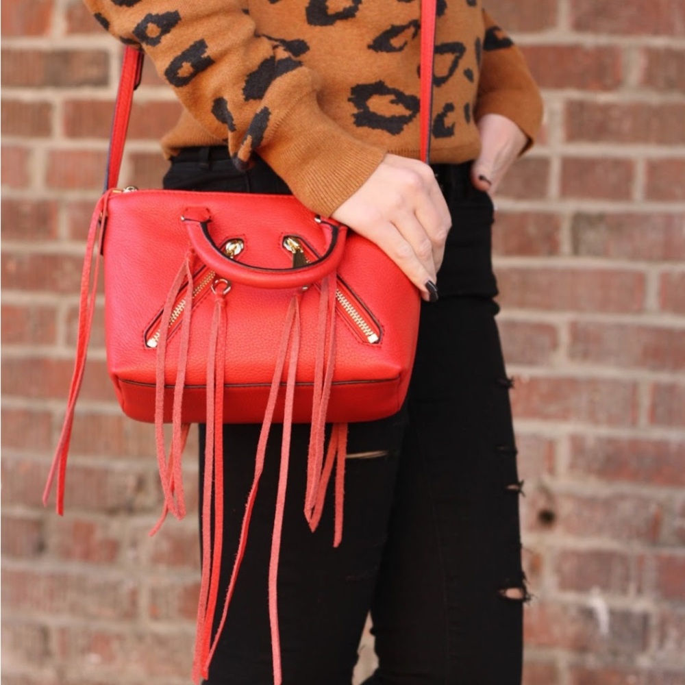 Rebecca Minkoff Leather Micro Moto Satchel Purse Red Tassels - Picture 2 of 14